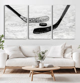 82900-MGV-CV-36X24-Hockey Wall Art – Black and White Canvas Print Ice Rink Sticks Puck Sports Photography, Modern Decor for Game Room, Man Cave,