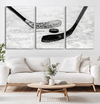 82900-MGV-CV-36X24-Hockey Wall Art – Black and White Canvas Print Ice Rink Sticks Puck Sports Photography, Modern Decor for Game Room, Man Cave,