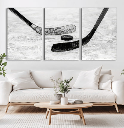 82900-MGV-CV-36X24-Hockey Wall Art – Black and White Canvas Print Ice Rink Sticks Puck Sports Photography, Modern Decor for Game Room, Man Cave,