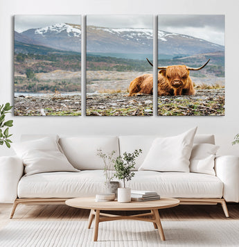 80252-MGV-CV-60X30-3P-Scottish Cow Wall Art Canvas Print, Framed Highland Cow Art Picture Print, Highland Cattle Perfect Rustic Farmhouse Decor Artwork