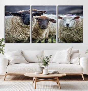 18418-MGV-CV-60X30-3P-Sheep Wall Art Canvas Print, Framed Farmhouse Sheep Art Picture Print, Sheep Herd Perfect Rustic Farmhouse Decor Artwork