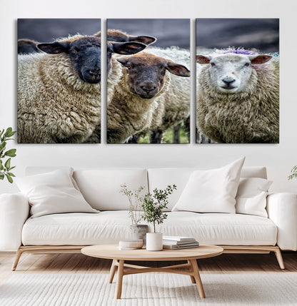 18418-MGV-CV-60X30-3P-Sheep Wall Art Canvas Print, Framed Farmhouse Sheep Art Picture Print, Sheep Herd Perfect Rustic Farmhouse Decor Artwork