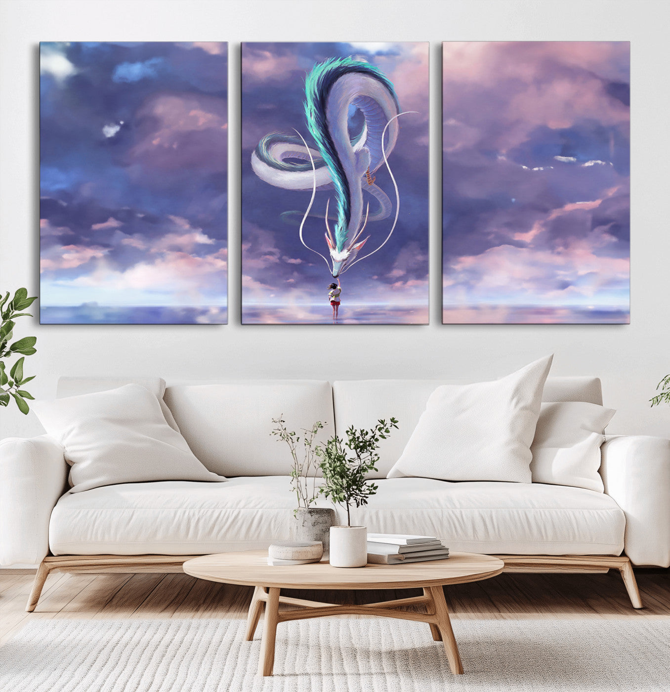 66864-MGV-CV-60X30-3P-Fantasy Dragon Wall Art – Mystical Canvas Print Girl and Sky Serpent Dreamlike Clouds, Magical Anime Inspired Decor for Living