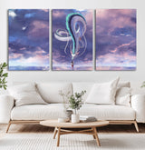 66864-MGV-CV-60X30-3P-Fantasy Dragon Wall Art – Mystical Canvas Print Girl and Sky Serpent Dreamlike Clouds, Magical Anime Inspired Decor for Living