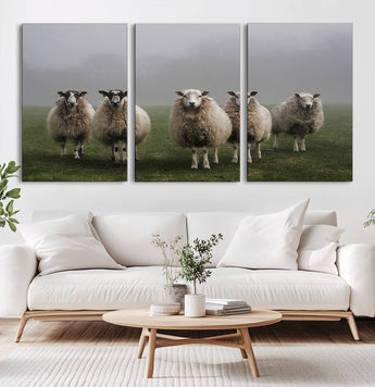 87339-MGV-CV-60X30-3P-Sheep Wall Art – Rustic Farmhouse Canvas Print Flock Standing Misty Field Countryside Photography, Country Animal Decor for Living