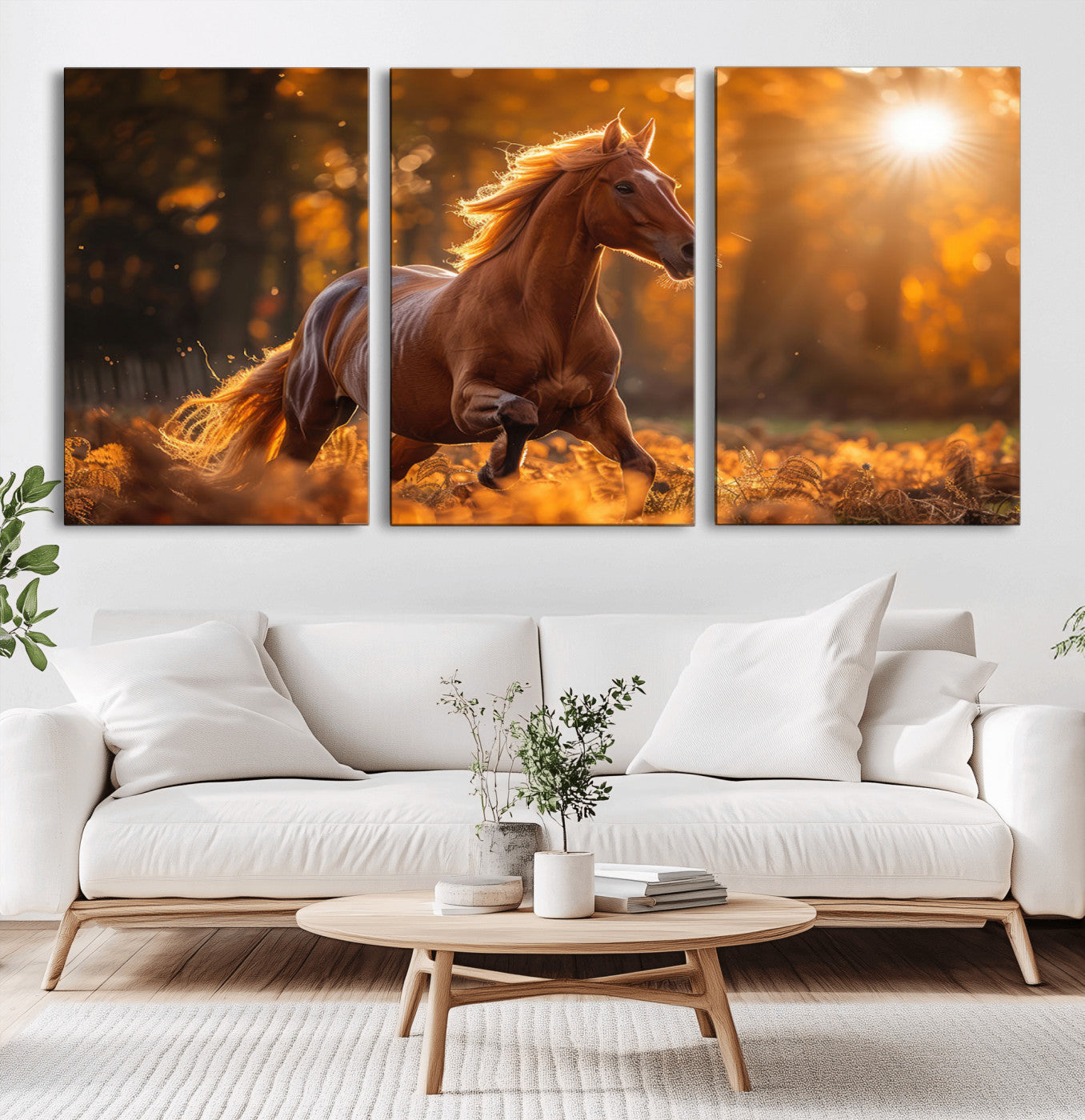 92144-MGV-CV-60X30-3P-Sunset Horse Wall Art Canvas Print, Framed Horse Barn Art Picture Print, Majestic Horse Perfect Rustic Farmhouse Decor Artwork