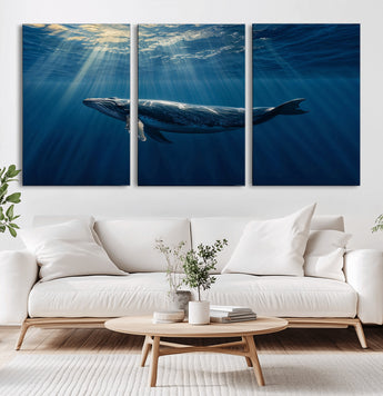 18052-MGV-CV-60X30-3P-Whale Wall Art – Majestic Ocean Canvas Print Marine Life Underwater Sunlight Scene, Nautical Coastal Decor for Living Room,