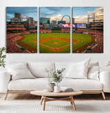 91908-MGV-CV-60X30-3P-Baseball Stadium Wall Art – Canvas Print Game Day Field City Skyline Iconic Arch Scene Sports Photography, Decor for Game Room,