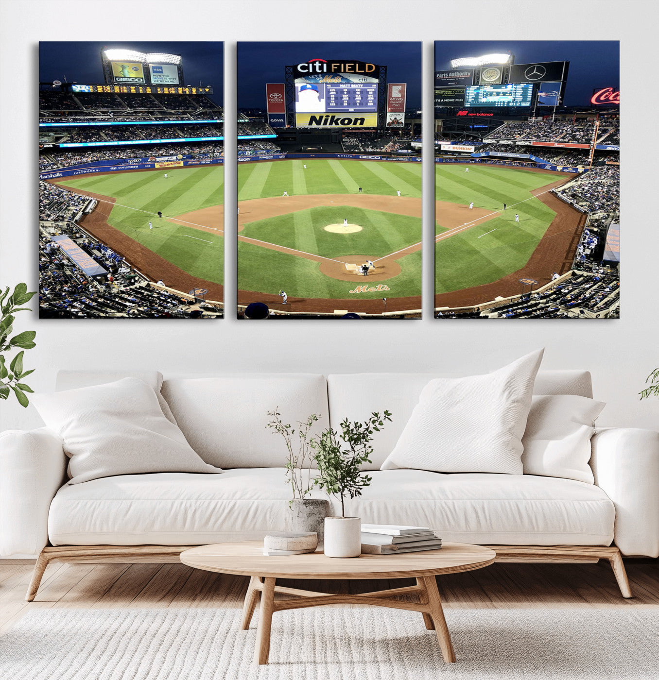 87666-MGV-CV-60X30-3P-City Field Stadium Wall Art Canvas Print, Framed New York Stadium Art Picture Print, Citi Field Stadium Perfect Sport Room Decor