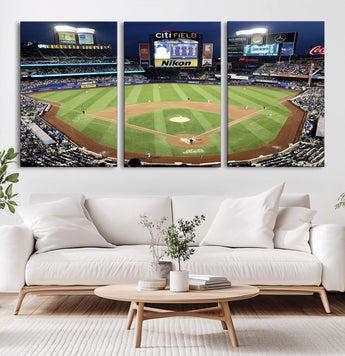 87666-MGV-CV-60X30-3P-City Field Stadium Wall Art Canvas Print, Framed New York Stadium Art Picture Print, Citi Field Stadium Perfect Sport Room Decor