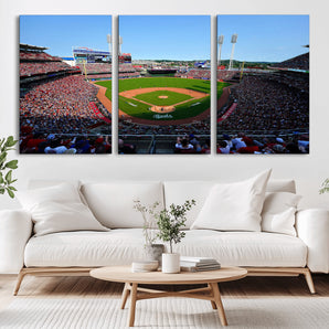 90998-MGV-CV-36X24-Baseball Stadium Wall Art – Canvas Print Day Game Field Packed Crowd Bright Blue Sky Sports Photography, Classic Decor for Game