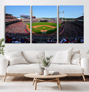 90998-MGV-CV-36X24-Baseball Stadium Wall Art – Canvas Print Day Game Field Packed Crowd Bright Blue Sky Sports Photography, Classic Decor for Game