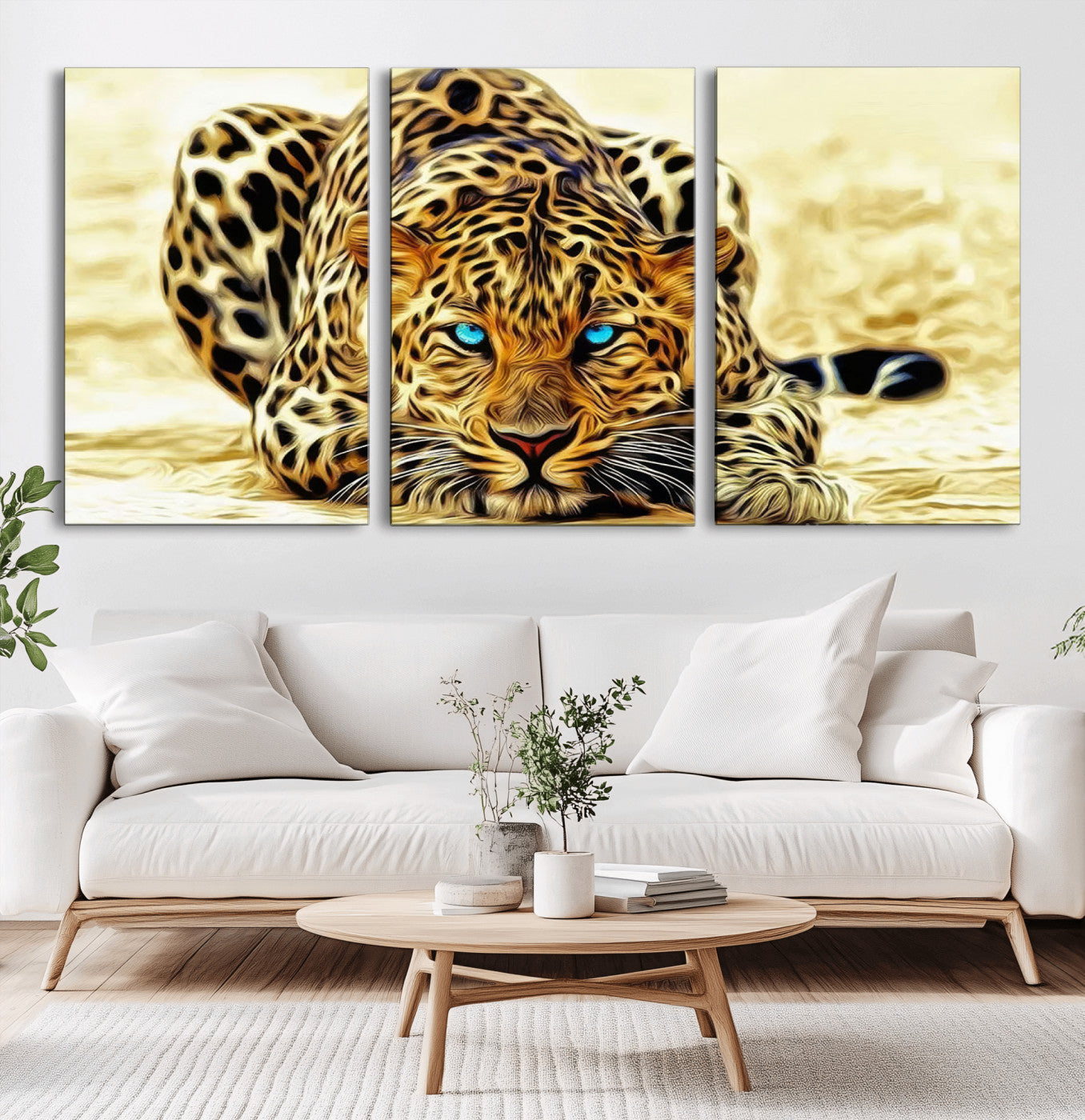 45281-MGV-CV-60X30-3P-Blue Eye Leopard Wall Art Canvas Print, Framed Leopard Painting Art Picture Print, Big Cat Perfect Safari Wildlife Decor Artwork