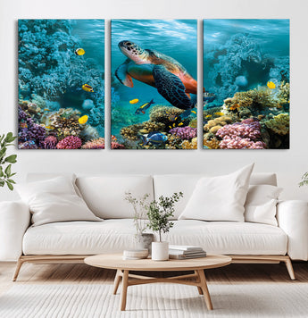 38661-MGV-CV-60X30-3P-Sea Turtle Wall Art Canvas Print, Framed Ocean Wildlife Art Picture Print, Turtle Perfect Coastal Nature Decor Artwork