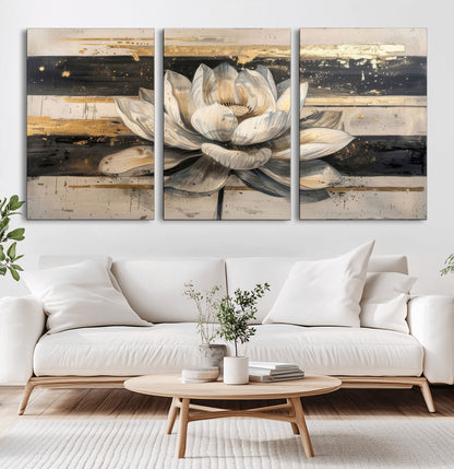 18807-MGV-CV-60X30-3P-Lotus Flower Wall Art Canvas Print, Framed Abstract Lotus Art Picture Print, White Lotus Flower Perfect Abstract Floral Decor