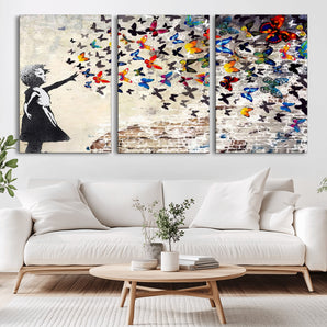 97895-MGV-CV-36X24-Girl with Butterflies Wall Art – Colorful Street Art Style Canvas Print, Modern Graffiti-Inspired Butterfly Artwork for Living