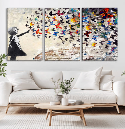 97895-MGV-CV-36X24-Girl with Butterflies Wall Art – Colorful Street Art Style Canvas Print, Modern Graffiti-Inspired Butterfly Artwork for Living