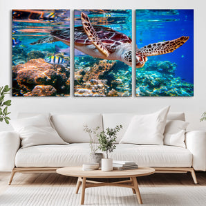 88200-MGV-CV-36X24-Sea Turtle Wall Art – Vibrant Ocean Canvas Print with Tropical Coral Reef and Colorful Fish, Coastal Marine Life Artwork for