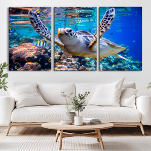 12683-MGV-CV-36X24-Sea Turtle Wall Art – Graceful Ocean Canvas Print with Coral Reef and Tropical Fish, Coastal Marine Life Decor for Beach House,