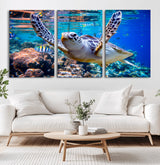 12683-MGV-CV-36X24-Sea Turtle Wall Art – Graceful Ocean Canvas Print with Coral Reef and Tropical Fish, Coastal Marine Life Decor for Beach House,