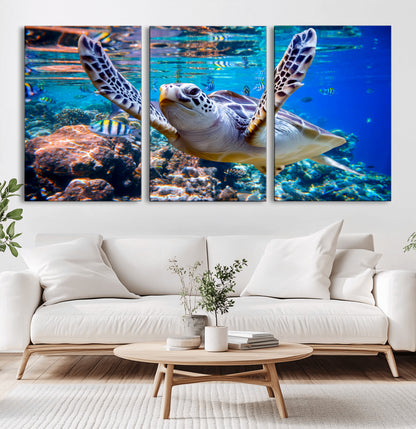 12683-MGV-CV-36X24-Sea Turtle Wall Art – Graceful Ocean Canvas Print with Coral Reef and Tropical Fish, Coastal Marine Life Decor for Beach House,