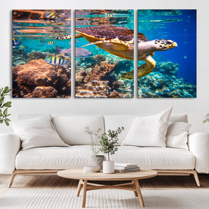 66614-MGV-CV-36X24-Sea Turtle Wall Art – Hawksbill Turtle Swimming Over Coral Reef Canvas Print, Ocean Marine Life Decor for Beach House, Coastal