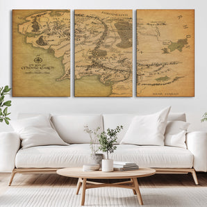 41064-MGV-CV-36X24-Middle Earth Map Wall Art – Vintage Fantasy Map Poster of Lord of the Rings & Hobbit Realms, Antique Parchment Style Canvas for