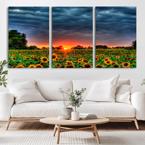 45045-MGV-CV-36X24-Sunflower Field Sunset Wall Art – Dramatic Stormy Sky Landscape Print, Vibrant Yellow Floral Nature Canvas for Living Room,