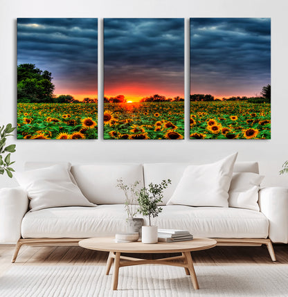 45045-MGV-CV-36X24-Sunflower Field Sunset Wall Art – Dramatic Stormy Sky Landscape Print, Vibrant Yellow Floral Nature Canvas for Living Room,