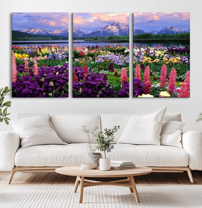 82270-MGV-CV-36X24-Colorful Wildflower Meadow Landscape Wall Art – Snow-Capped Mountain Lake Sunset Print, Vibrant Nature Artwork for Living Room,