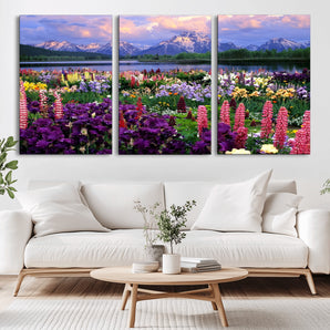82270-MGV-CV-36X24-Colorful Wildflower Meadow Landscape Wall Art – Snow-Capped Mountain Lake Sunset Print, Vibrant Nature Artwork for Living Room,