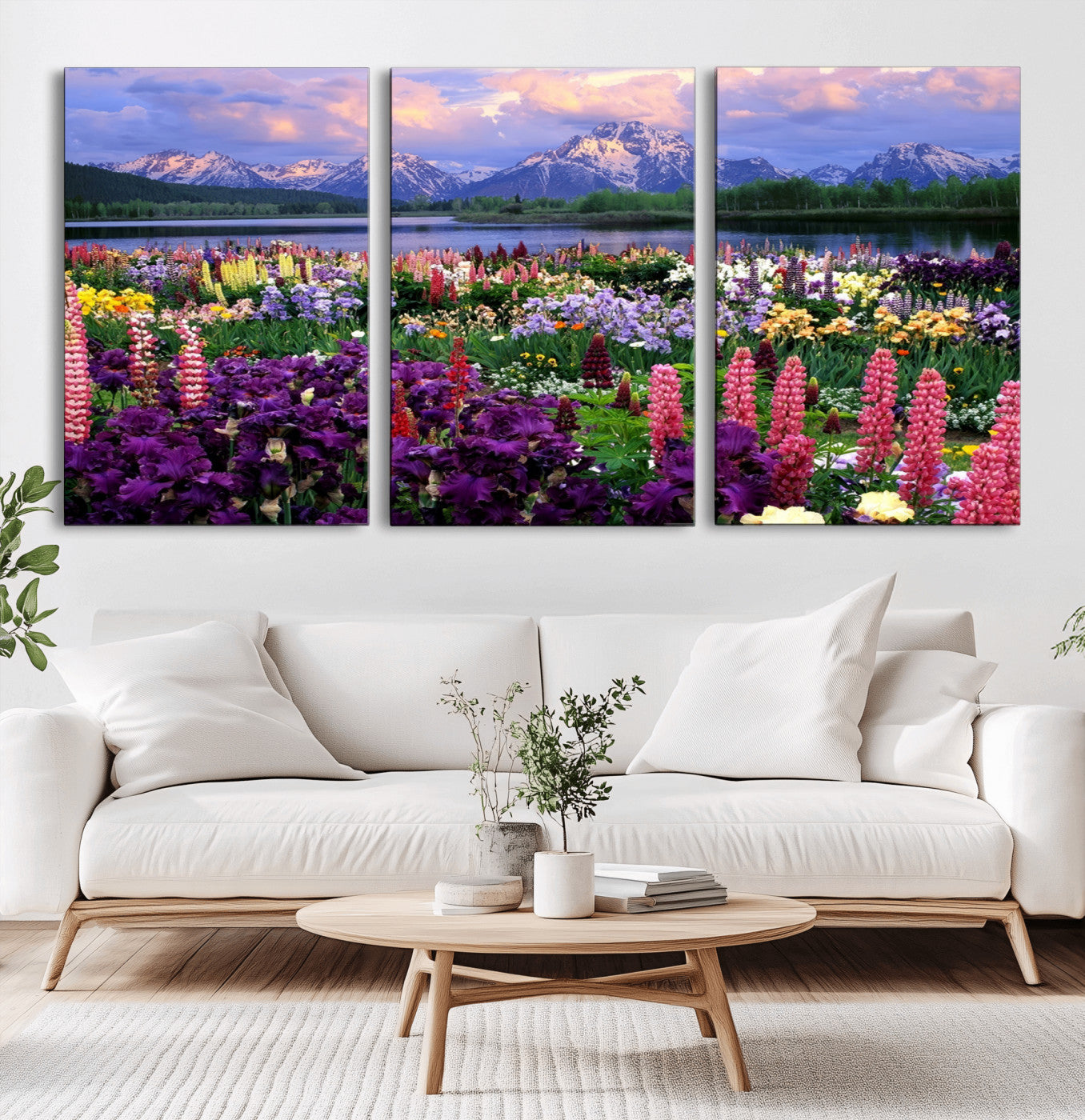 82270-MGV-CV-36X24-Colorful Wildflower Meadow Landscape Wall Art – Snow-Capped Mountain Lake Sunset Print, Vibrant Nature Artwork for Living Room,