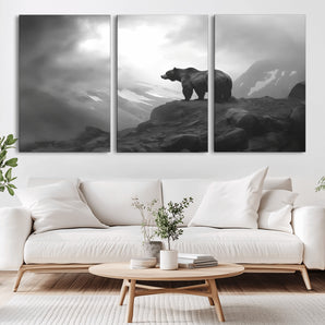 49504-MGV-CV-36X24-Black and White Grizzly Bear Wall Art – Wilderness Wildlife Painting, Rustic Mountain Cabin Decor, Monochrome Animal Print for