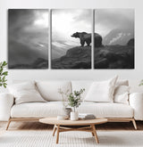 49504-MGV-CV-36X24-Black and White Grizzly Bear Wall Art – Wilderness Wildlife Painting, Rustic Mountain Cabin Decor, Monochrome Animal Print for
