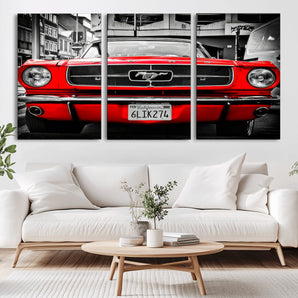 20365-MGV-CV-36X24-Red Classic Ford Mustang Wall Art – Vintage Muscle Car Print with Selective Color, Retro Automotive Decor for Garage, Man Cave,