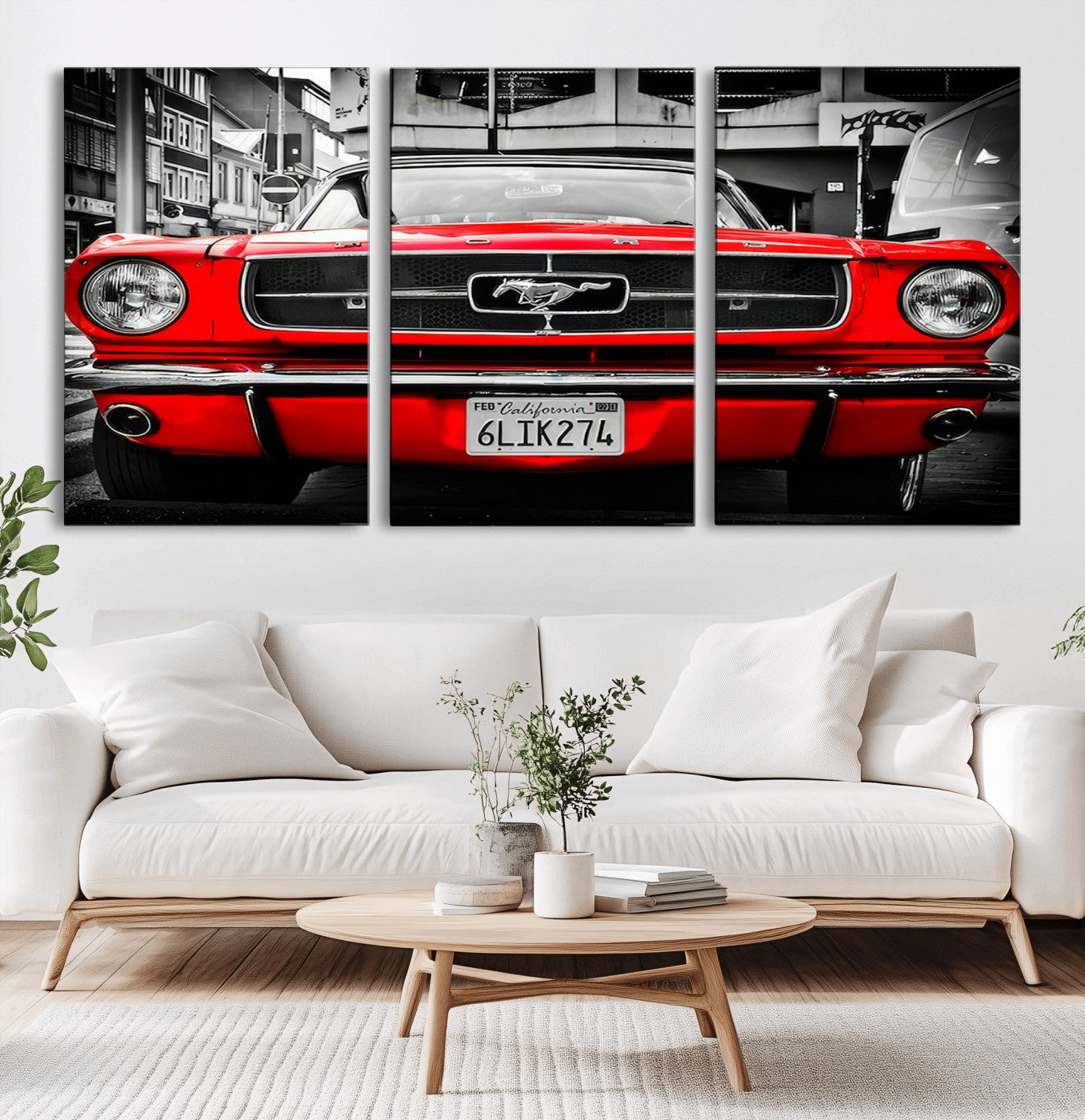 20365-MGV-CV-36X24-Red Classic Ford Mustang Wall Art – Vintage Muscle Car Print with Selective Color, Retro Automotive Decor for Garage, Man Cave,