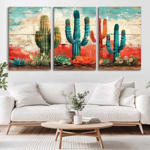 27998-MGV-CV-36X24-Southwestern Cactus Wall Art – Colorful Desert Succulent Print in Turquoise & Orange, Rustic Boho Farmhouse Decor for Living Room,