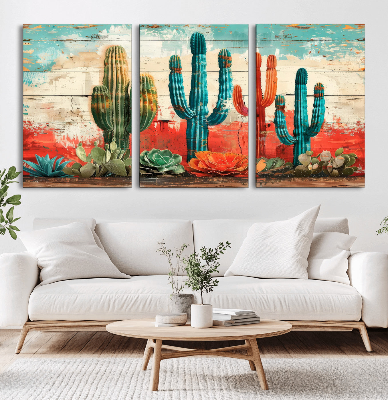 27998-MGV-CV-36X24-Southwestern Cactus Wall Art – Colorful Desert Succulent Print in Turquoise & Orange, Rustic Boho Farmhouse Decor for Living Room,