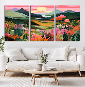 99638-MGV-CV-36X24-Sunset Meadow Wall Art – Panoramic Mountain Landscape with Wildflowers Canvas Print, Vibrant Nature Decor for Living Room, Bedroom