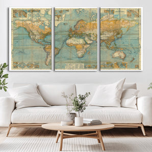 10247-MGV-CV-36X24-Vintage World Map Wall Art – Antique Style Global Atlas Canvas Print, Retro Cartography Artwork for Office, Study, Living Room, or