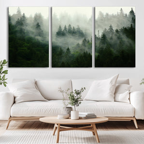 167720496-MGV-CV-36X24-Misty Forest Wall Art – Serene Evergreen Trees Canvas Print, Foggy Mountain Nature Landscape Decor for Bedroom, Living Room or