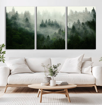 167720496-MGV-CV-36X24-Misty Forest Wall Art – Serene Evergreen Trees Canvas Print, Foggy Mountain Nature Landscape Decor for Bedroom, Living Room or