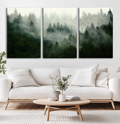 167720496-MGV-CV-36X24-Misty Forest Wall Art – Serene Evergreen Trees Canvas Print, Foggy Mountain Nature Landscape Decor for Bedroom, Living Room or