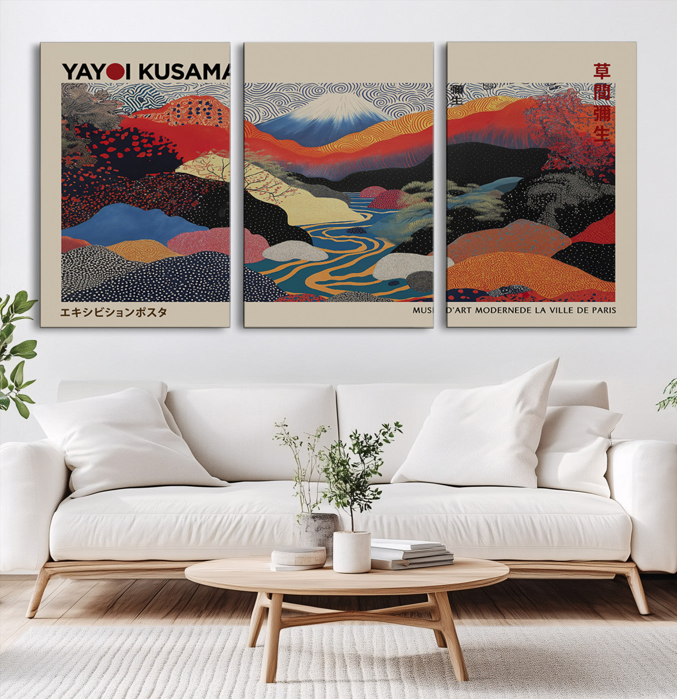 49228-MGV-FC-93X47-3P_Black-Kusama Wall Art – Vibrant Japanese Landscape Canvas Print, Modern Abstract Mountain and River Decor for Living Room, Office or Art