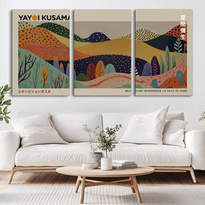 11242-MGV-CV-36X24-Kusama Wall Art – Abstract Colorful Hills Canvas Print, Modern Japanese Inspired Landscape Poster for Living Room, Office or