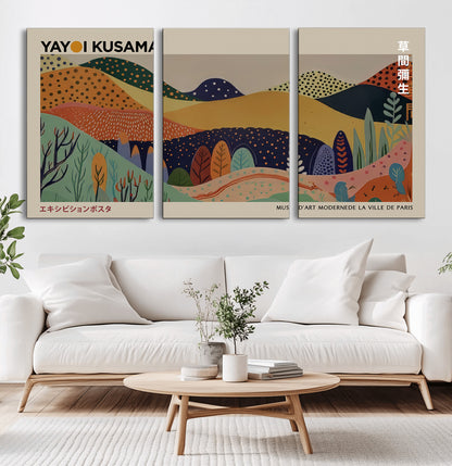 11242-MGV-CV-36X24-Kusama Wall Art – Abstract Colorful Hills Canvas Print, Modern Japanese Inspired Landscape Poster for Living Room, Office or