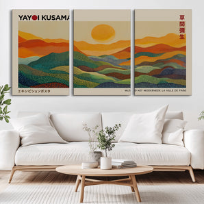 64995-MGV-CV-36X24-Kusama Inspired Wall Art – Golden Sunset Abstract Landscape Canvas Print, Modern Colorful Mountain Horizon Artwork for Home or
