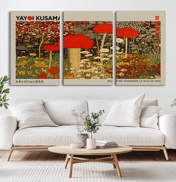 38013-MGV-CV-36X24-Yayoi Kusama Inspired Mushroom Garden Wall Art – Whimsical Botanical Canvas Print, Surreal Nature Poster, Fantasy Floral Artwork