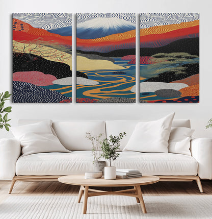 32131-MGV-CV-36X24-Japanese Mount Fuji Wall Art – Abstract Landscape Canvas Print with Swirling Sky & River, Modern Minimalist Asian Inspired Poster
