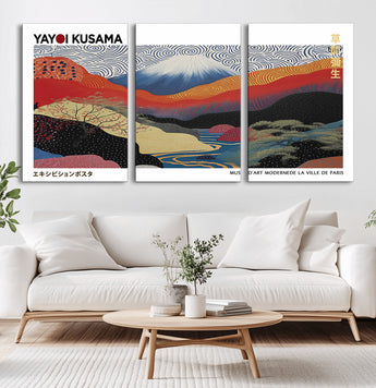 14839-MGV-CV-36X24-Yayoi Kusama Wall Art – Panoramic Mountain & River Canvas Print, Modern Abstract Japanese Landscape Decor for Living Room or